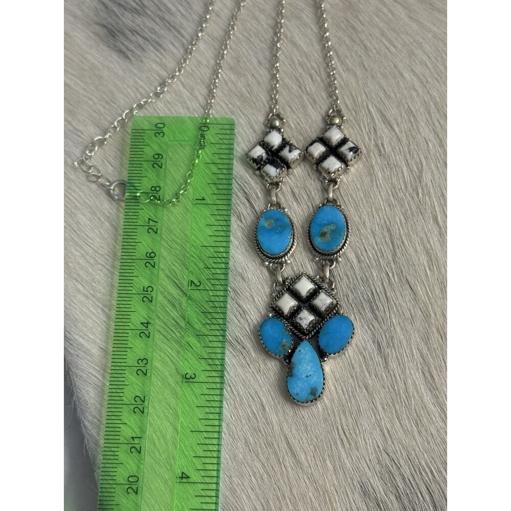 Sterling Silver Blue Kingman Turquoise White Buffalo Nugget Cluster Necklace 21” - Picture 13 of 16